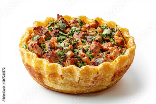 Delicious savory pork pie with flaky crust and fresh parsley garnish on a white background photo