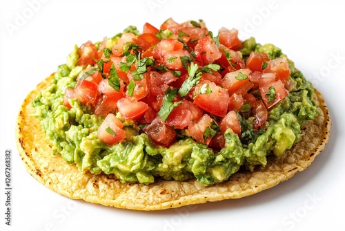 Delicious tostada with fresh avocado tomato and cilantro on a white background closeup view photo