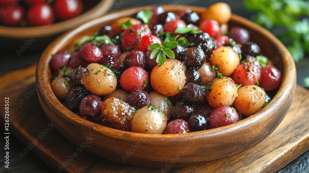 Roasted Grapes and Potatoes in Wooden Bowl on Dark Background Roasted Grapes and Potatoes in Wooden Bowl on Dark Background