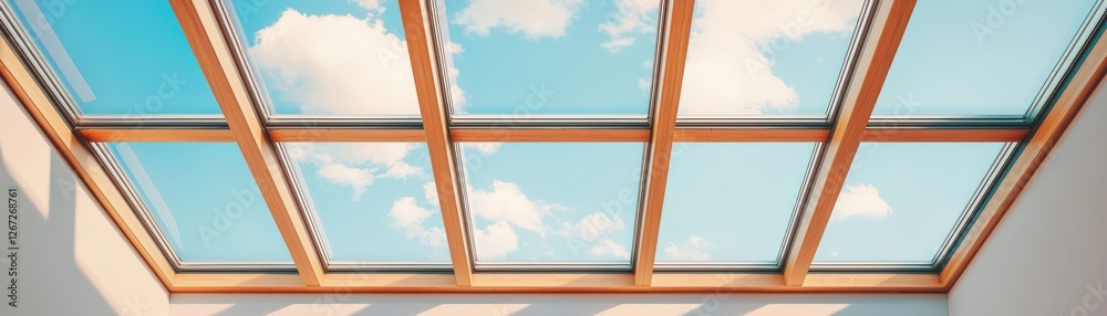 Bright Skylight with Wooden Frame Showcasing Clear Blue Sky and White Clouds in Modern Interior Setting Bright Skylight with Wooden Frame Showcasing Clear Blue Sky and White Clouds in Modern Interior Setting