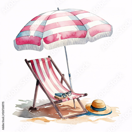 Pastel-toned watercolor scene depicting a cozy wooden beach chair and a pink and white striped umbrella, embodying a calm and breezy summer day.