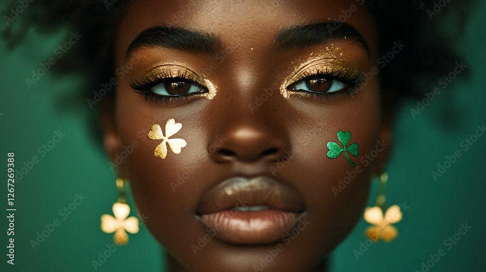 Artistic close-up of a Black woman with gold eyeliner, clover earrings, and Celtic symbols painted on her face Artistic close-up of a Black woman with gold eyeliner, clover earrings, and Celtic symbols painted on her face