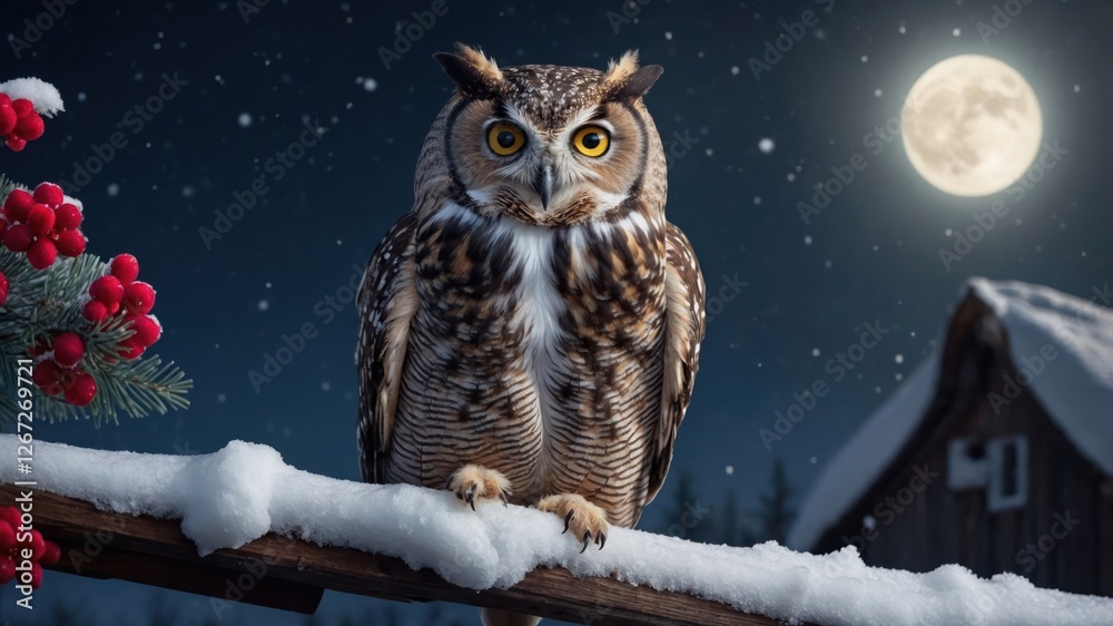 A snowy scene featuring an owl perched on a railing under a full moon. A snowy scene featuring an owl perched on a railing under a full moon.