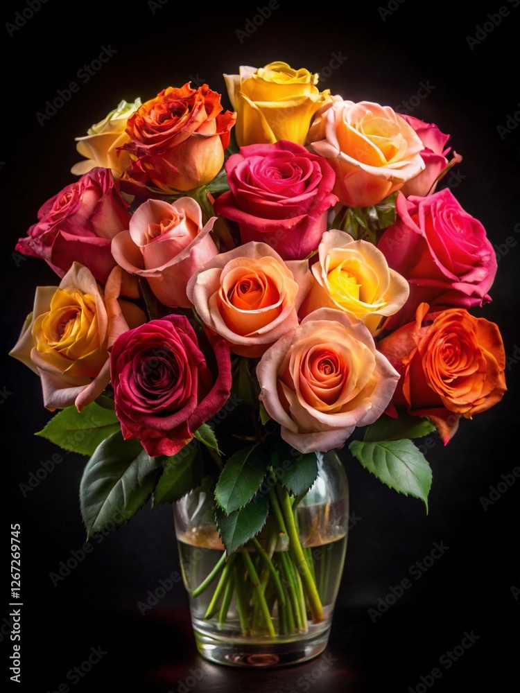A roses bouquet in black background, bouquet of roses in a vase A roses bouquet in black background, bouquet of roses in a vase