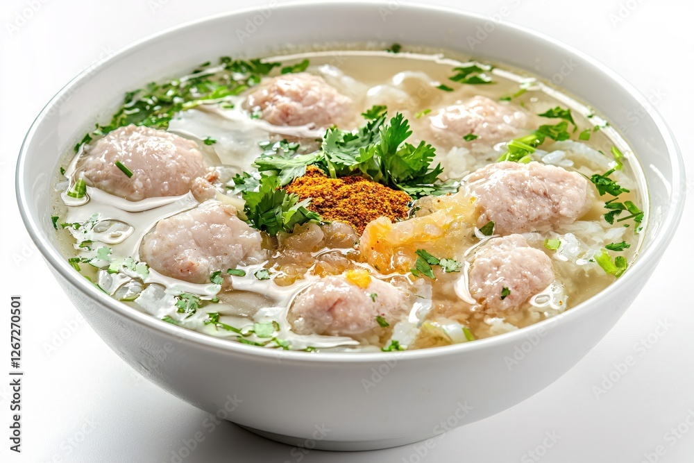 Delicious and Inviting Bowl of Rice Soup with Meatballs and Fresh Herbs on White Background Delicious and Inviting Bowl of Rice Soup with Meatballs and Fresh Herbs on White Background