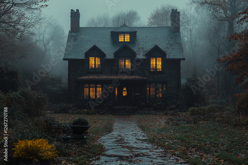 Eerie Stone Manor House Radiating Light Through a Fog-Laden Twilight