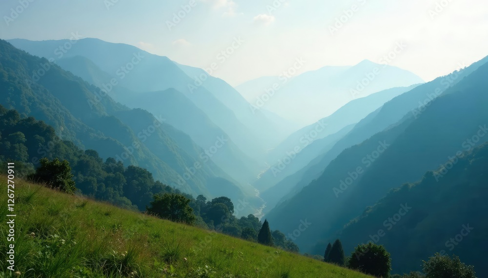 Fototapeta premium Foggy valley with rolling hills and mountains, fog, misty, landscape