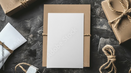 blank card mockup with kraft paper and twine photo