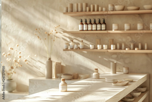 Organic cosmetics store interior with shelves filled with natural skin care products and supplements. Bright shop design with eco friendly, plant based bio products displayed in a luxurious retail spa photo