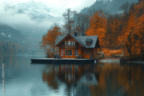 Tranquil Lakeside Cabin Retreat Amidst Autumnal Splendor and Mountain Haze