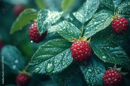 Crimson Jewels, Raspberries Adorned with Morning Dew's Sparkling Embrace