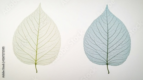 Two translucent leaves, one pale green, one blue-green, isolated on white.