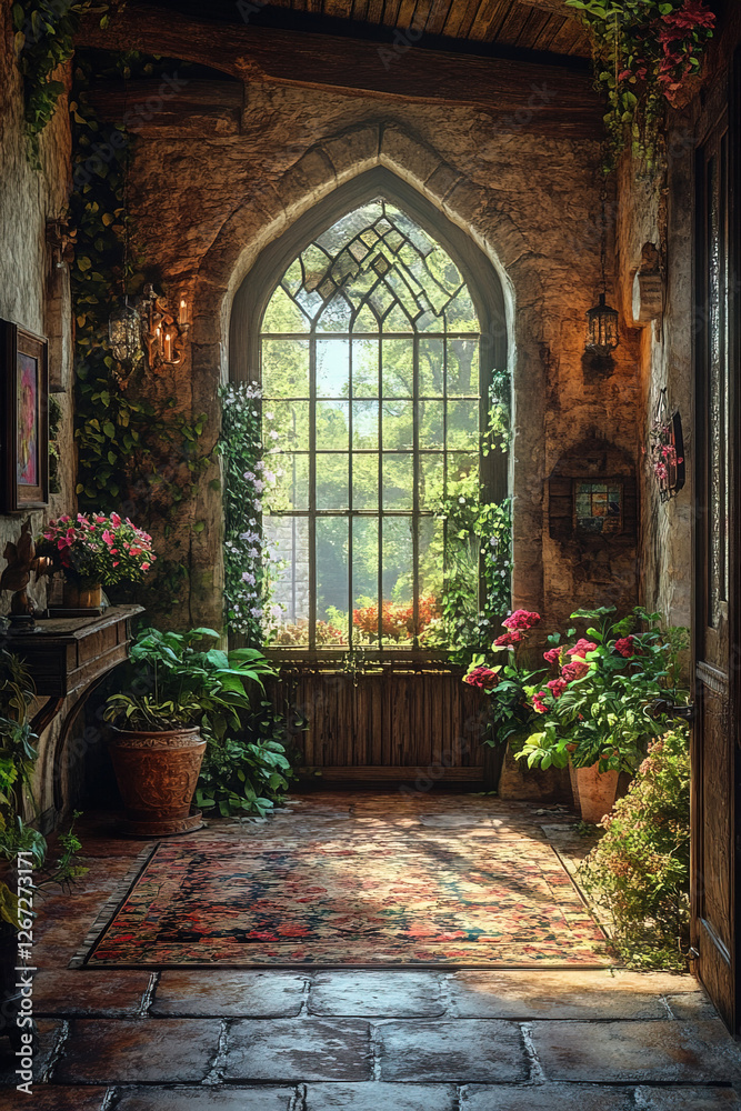 Fototapeta premium Enchanting fairytale interior with a lively garden view and vintage decor elements