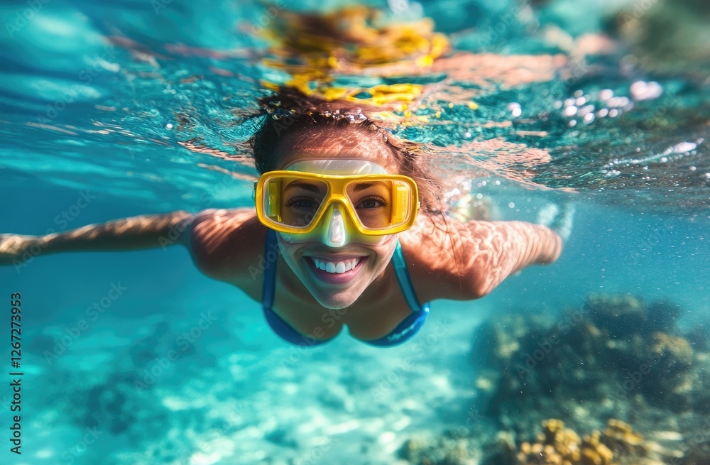 Naklejka premium A woman wearing yellow goggles and blue swimming attire is diving underwater in the ocean, with sunlight shining on her face
