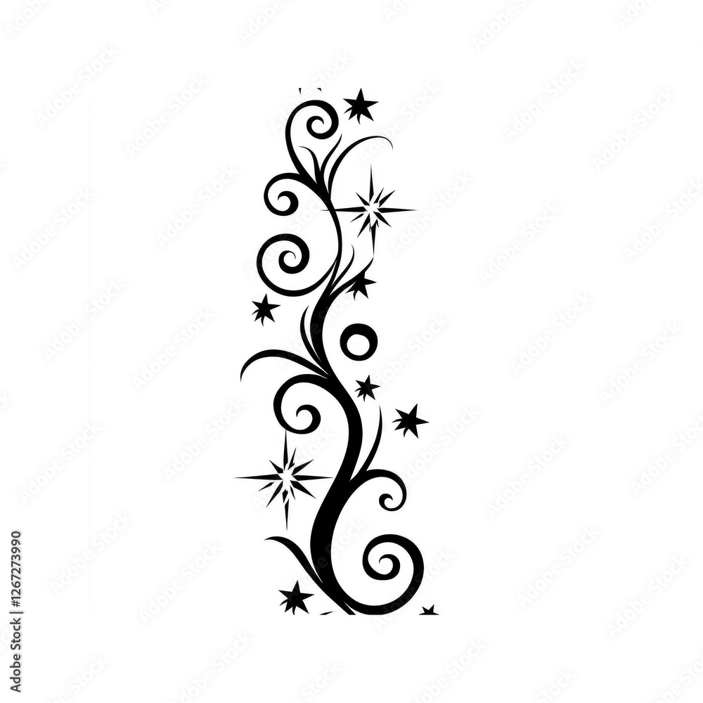 Elegant Black and White Floral Swirl Design with Stars - Vertical Border Elegant Black and White Floral Swirl Design with Stars - Vertical Border