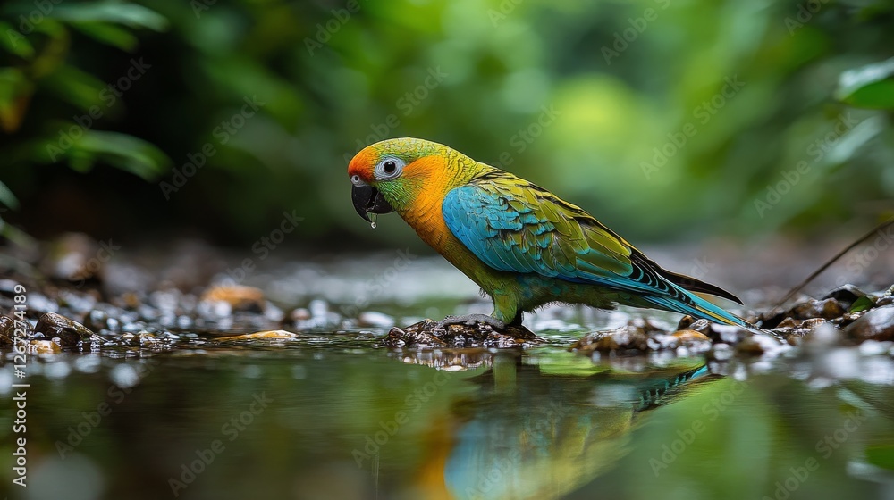 Fototapeta premium Colorful parrot enjoying a refreshing drink in a natural setting during a sunny day