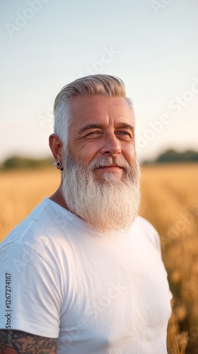 Mature man with a beard smiles in a golden field during sunset, showcasing natural beauty and serenity in rural life