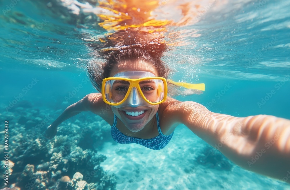 Fototapeta premium a woman wearing yellow goggles and blue swim shorts swimming underwater in the ocean, which is visible from below