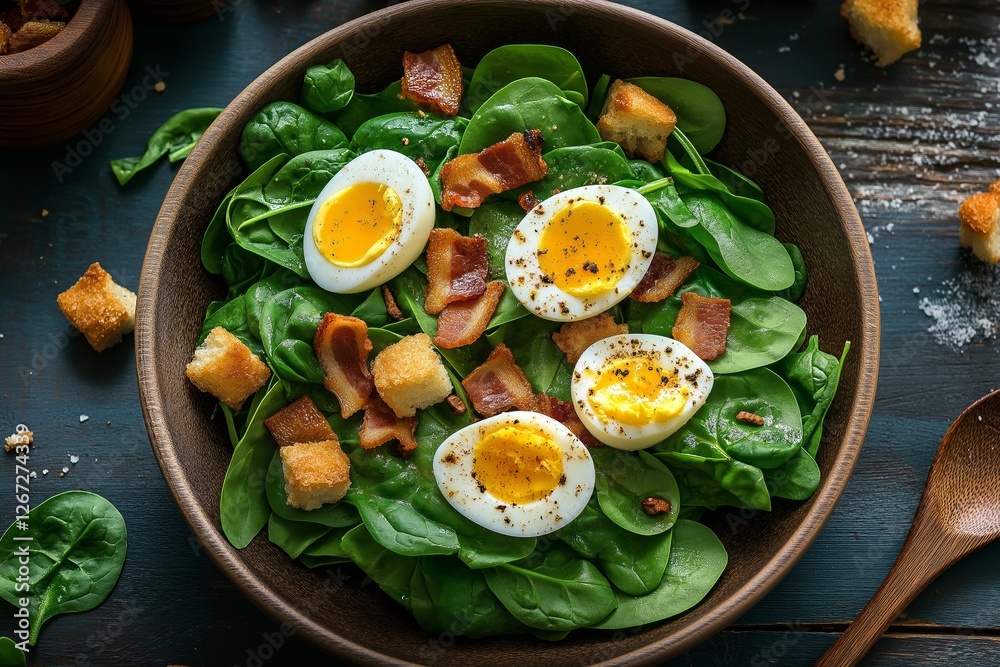 Fresh spinach salad with bacon and egg showcases vibrant ingredients, ideal for low-carb diet recipes. Concept emphasizes spinach salad with bacon and egg for healthy eating Fresh spinach salad with bacon and egg showcases vibrant ingredients, ideal for low-carb diet recipes. Concept emphasizes spinach salad with bacon and egg for healthy eating
