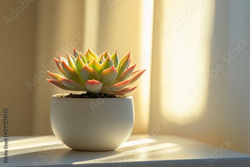 Succulent plant in white pot, sunlit window.