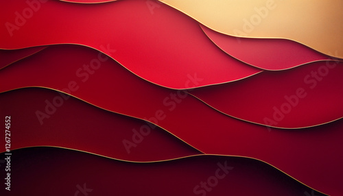 Abstract composition featuring red and gold layered waves creating a sophisticated and stylish design