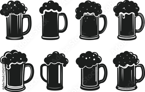 Beer Mug Set – Black Silhouette Vector of Frothy Beer Glasses
