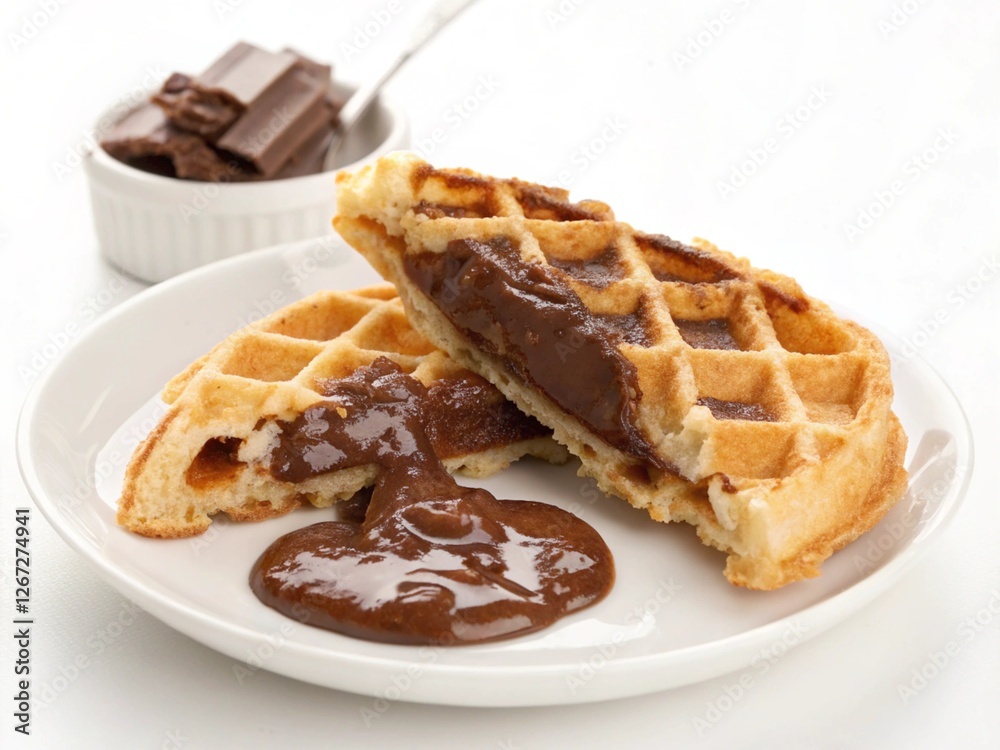 croffle with melted chocolated on white plate on isolated white background for your business food needs croffle with melted chocolated on white plate on isolated white background for your business food needs