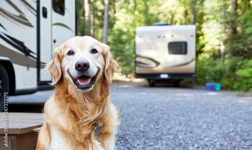 Wallpaper Mural Happy golden retriever sitting near an RV in a serene forest setting Torontodigital.ca