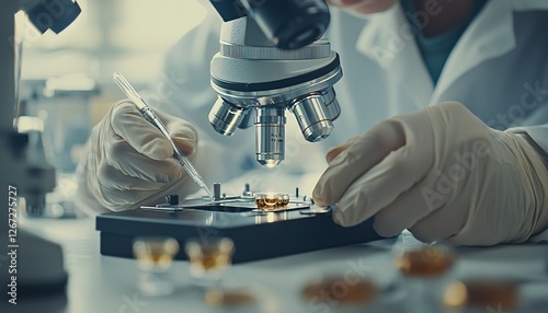 Laboratory Scientist Working on Microscope with Sample Preparation