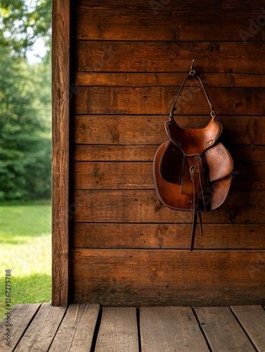 A rustic leather saddle hangs on a wooden wall, showcasing craftsmanship and a connection to equestrian culture. photo