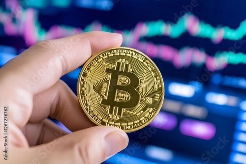 Hand holding a Bitcoin against a backdrop of fluctuating cryptocurrency graphs