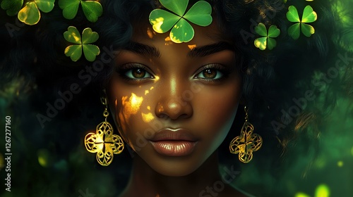 Portrait of a Black woman with clover leaves in her hair, wearing golden highlights and Celtic earrings