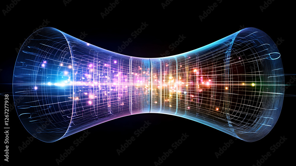 Naklejka premium Abstract Hourglass Shaped Tunnel of Light with Glowing Particles and Complex Grid Structure