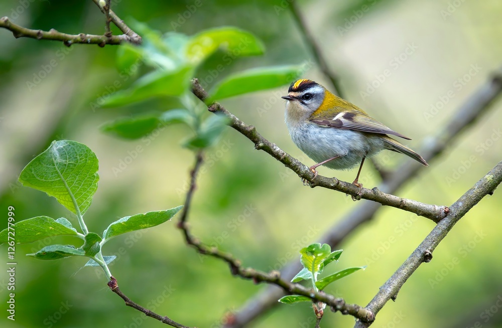 Common firecrest singing on a branch. Common firecrest singing on a branch.