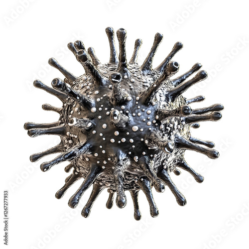 Black virus with spiky protrusions and a textured surface, isolated on transparent cutout background
