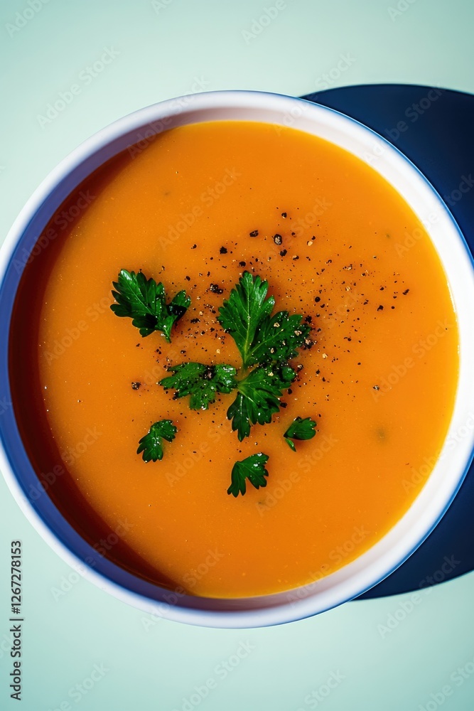 Creamy orange soup garnished with fresh herbs, showcasing vibran Creamy orange soup garnished with fresh herbs, showcasing vibran