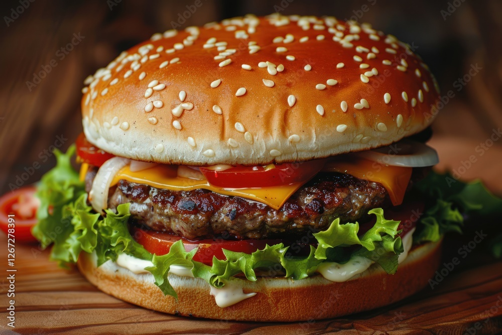 Juicy Cheeseburger on Wooden Board Juicy Cheeseburger on Wooden Board