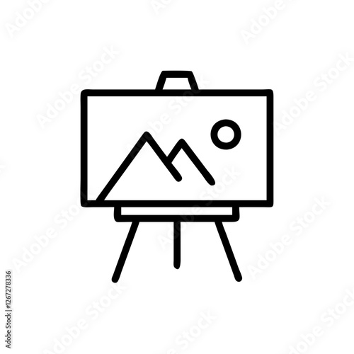 Simple vector black icon of a canvas on an easel with a landscape design