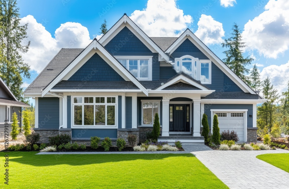 Beautiful modern home exterior with a blue-grey house color and white trim, a beautiful roof, and a garden area Beautiful modern home exterior with a blue-grey house color and white trim, a beautiful roof, and a garden area