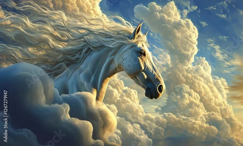 A detailed close-up of a horse with its mane transforming into soft, billowy clouds in a serene sky.