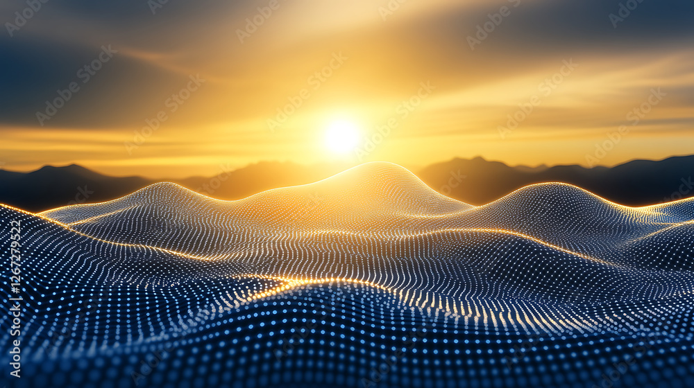 Abstract Landscape of Digital Waves at Sunrise with Mountain Silhouettes for Futuristic Backdrop