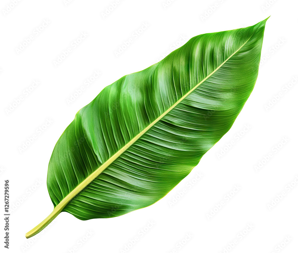 Fototapeta premium Fresh banana leaf with smooth glossy texture, isolated on transparent cutout background