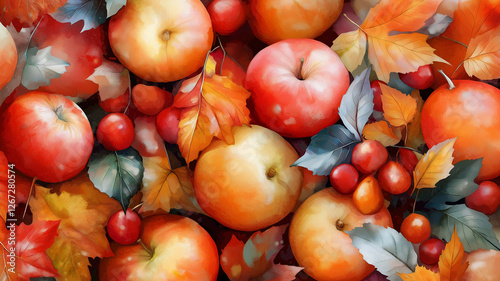 Vibrant apples and autumn leaves create colorful harvest scene