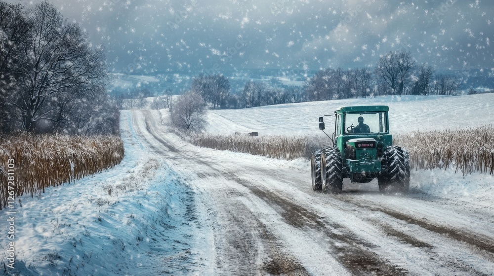 Winter Agriculture: Industrial Tractor Navigating Snowy Country Roads in Cold Conditions Winter Agriculture: Industrial Tractor Navigating Snowy Country Roads in Cold Conditions