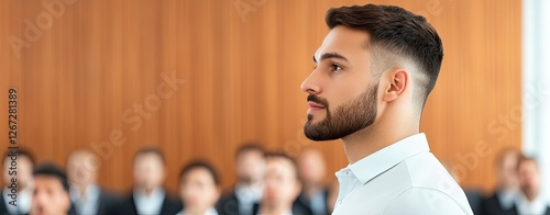 public speakin skills for impactful businees presentation , Man presenting in front of attentive audience. photo