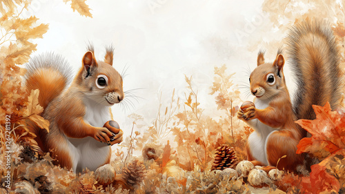 Squirrels holding acorns in fall landscape with leaves