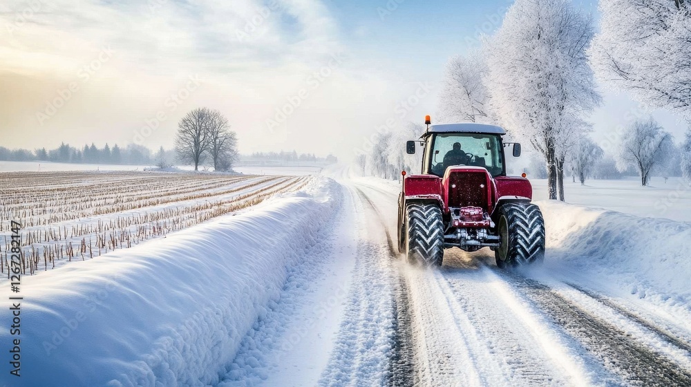 Winter Farming Adventure: Tractor Navigating a Snow-Covered Country Road in Cold Agricultural Landscape Winter Farming Adventure: Tractor Navigating a Snow-Covered Country Road in Cold Agricultural Landscape