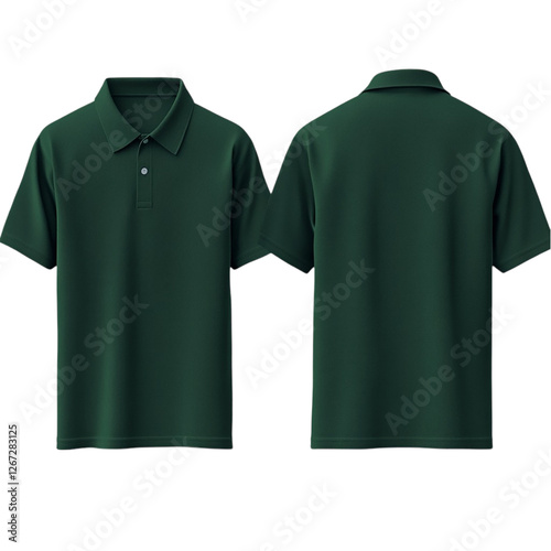 Front and back view of a blank dark green polo shirt Isolated on transparent background.