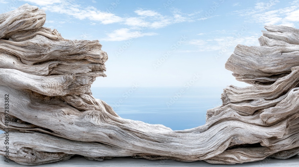 Driftwood frame, ocean view, sky background, coastal nature Driftwood frame, ocean view, sky background, coastal nature