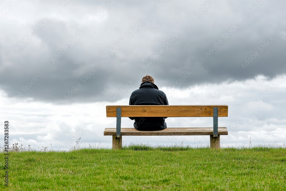 Person Sitting on a Wooden Bench Under a Cloudy Sky Person Sitting on a Wooden Bench Under a Cloudy Sky